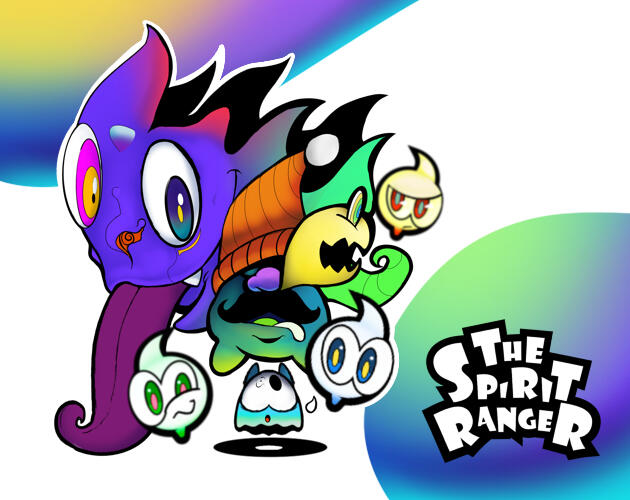 The Spirit Ranger logo. White background with two orbs in opposite corners. Center of 6 various shapes of ghosts